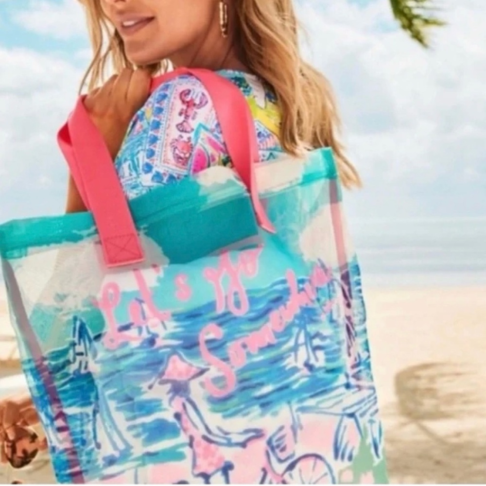 Lilly Pulitzer Colorful Beach Mesh Tote with Pink Handles